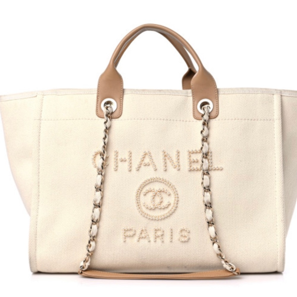 Chanel Canvas Pearl Large Deauville Tote Ecru Beige
